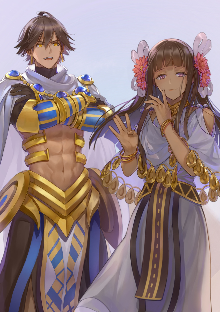 1boy black_hair bracelet dark-skinned_female dark-skinned_male dark_skin dress fate/grand_order fate/prototype fate/prototype:_fragments_of_blue_and_silver fate_(series) female flower gloves hair_flower hair_ornament highres jewelry long_hair looking_at_viewer muscular nefertari_(fate) open_mouth ozymandias_(fate) purple_eyes qiongsheng short_hair smile stomach yellow_eyes