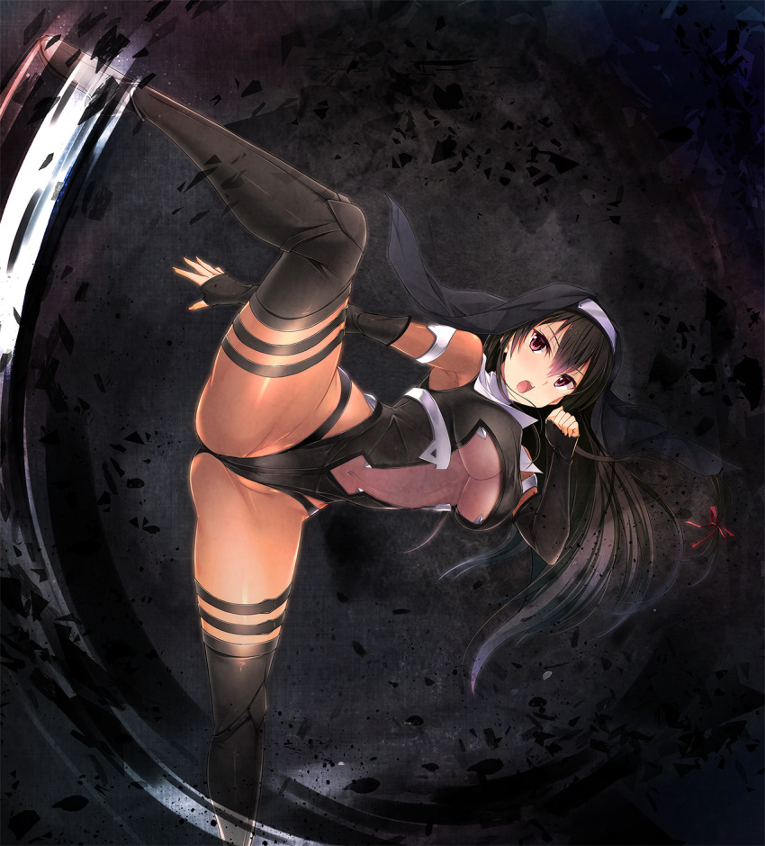 black_background black_footwear black_hair black_headwear black_leotard black_sleeves bodystocking boots breasts detached_sleeves female floating_hair game_cg hair_between_eyes hair_ribbon highleg highleg_leotard highres large_breasts leg_up leotard long_hair long_sleeves nightmare_x_onmyoji noba_(veronicanoha) open_mouth red_eyes red_ribbon revealing_clothes ribbon shindou_setsuna solo standing thigh_boots thighhighs underboob veil very_long_hair