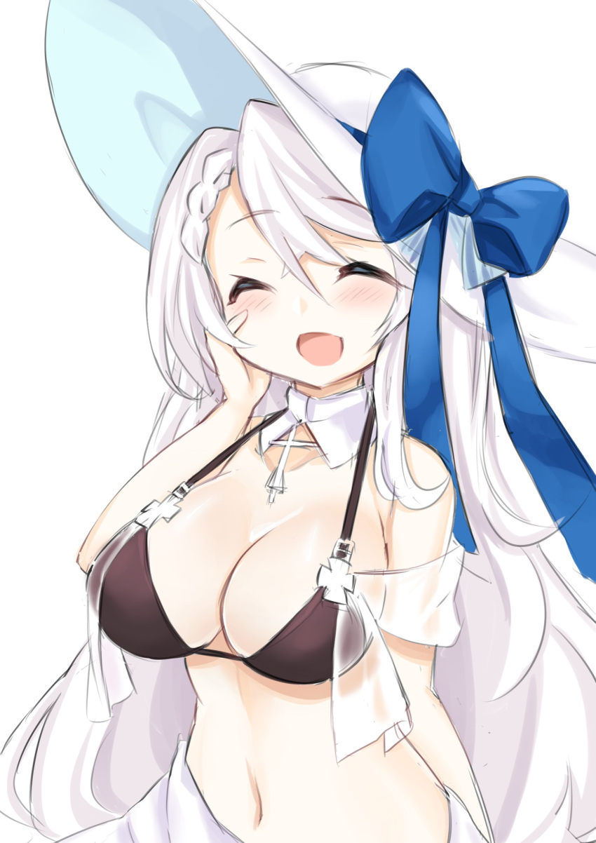 azur_lane bad_id bad_twitter_id bare_shoulders bikini black_bikini blush braid breasts cleavage closed_eyes commentary_request female hat highres jewelry kinomiki_nobori large_breasts long_hair navel official_alternate_costume open_mouth smile solo swimsuit vestal_(azur_lane) vestal_(revigorating_hestia)_(azur_lane)