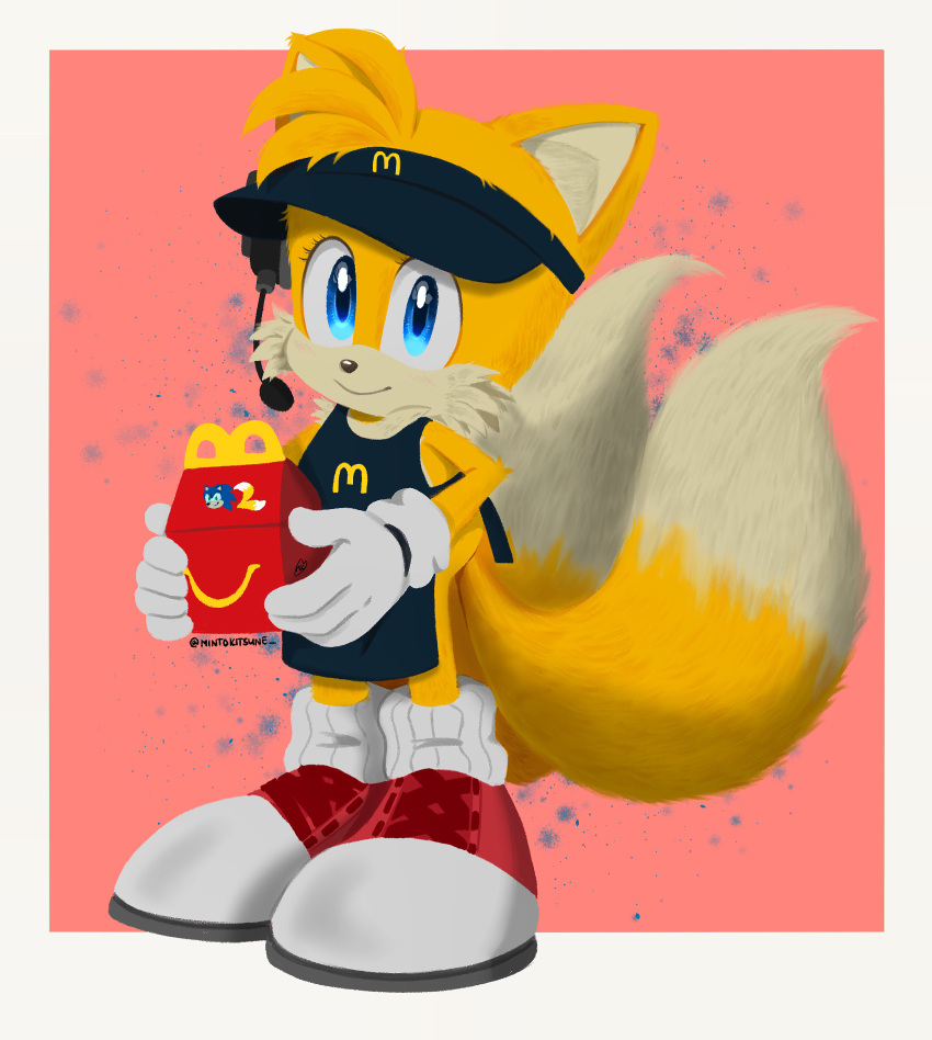 1boy animal_ears animal_nose blue_eyes border box closed_mouth commentary container employee_uniform english_commentary fast_food fast_food_uniform fox_boy fox_ears fox_tail full_body furry furry_male gloves happy_meal highres looking_at_viewer male_focus mcdonald's mintokitsune multiple_tails pink_background red_footwear shoes smile sneakers solo sonic_(live_action) sonic_(series) sonic_the_hedgehog sonic_the_hedgehog_2_(film) standing tail tails_(sonic) two_tails uniform white_border white_gloves