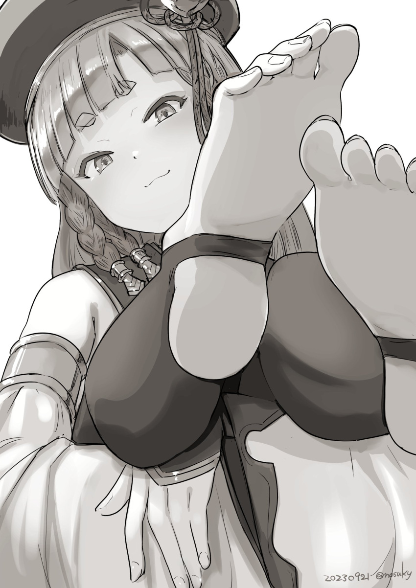 armlet bare_shoulders beret blunt_bangs blush braid closed_mouth detached_sleeves erune eyeliner feet feet_up female foot_focus granblue_fantasy greyscale hat highres hugging_own_legs long_hair long_sleeves looking_at_viewer makeup monochrome no_shoes nosuku pholia quad_braids short_eyebrows side_braids smile soles solo stirrup_legwear thighhighs toeless_legwear toenails toes wide_sleeves