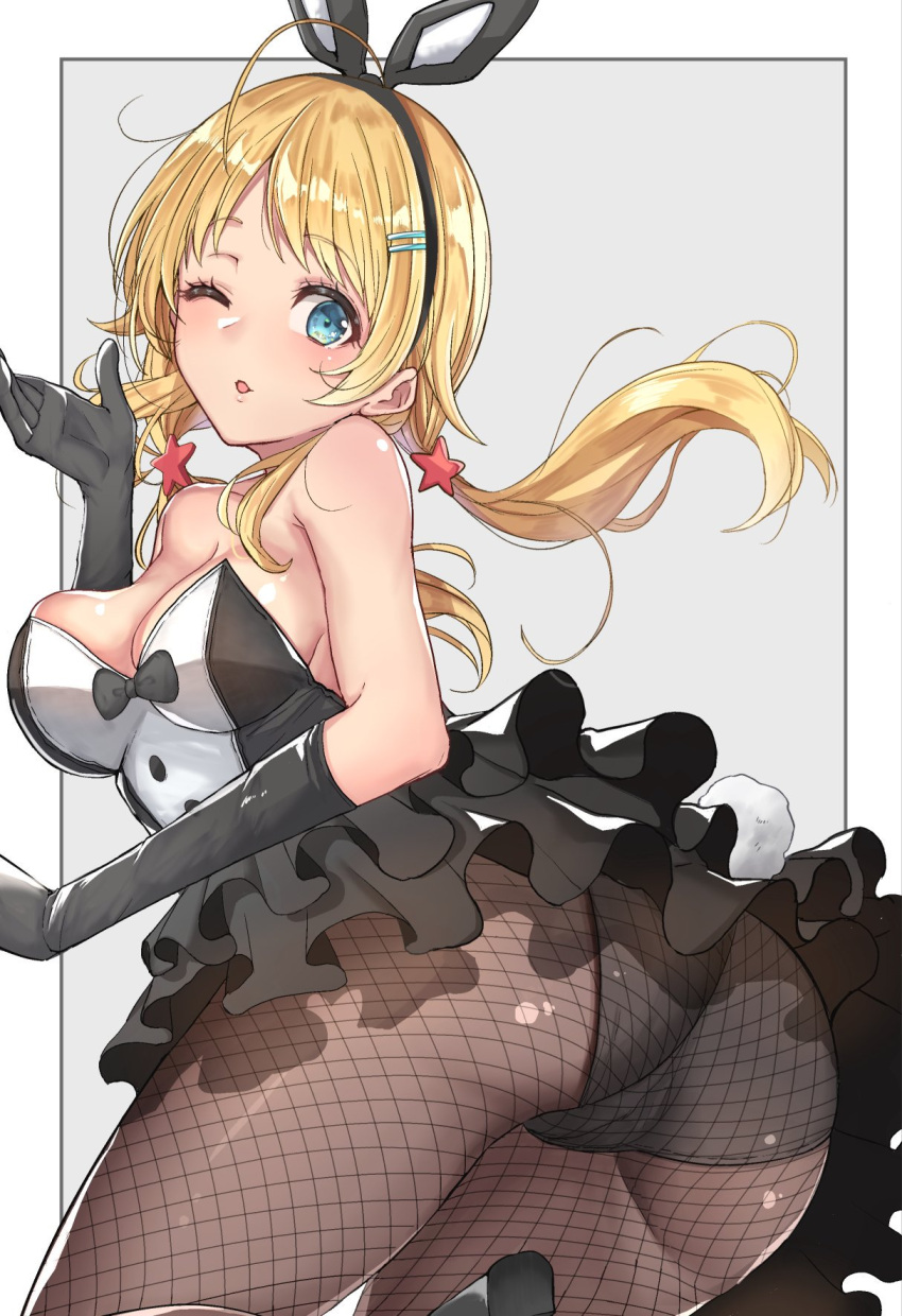 ahoge animal_ears ass bare_shoulders black_bow black_bowtie black_gloves black_hairband black_panties blonde_hair blue_eyes blush border bow bowtie breasts cleavage cowboy_shot cure_slum dress elbow_gloves fake_animal_ears fake_tail female fishnet_pantyhose fishnets floating_hair from_behind gloves grey_background hachimiya_meguru hair_ornament hairband hairclip hand_up highres idolmaster idolmaster_shiny_colors large_breasts leg_up long_hair looking_at_viewer looking_back low_twintails one_eye_closed outside_border panties pantyhose parted_lips rabbit_ears rabbit_tail smile solo standing standing_on_one_leg star_(symbol) star_hair_ornament strapless strapless_dress tail twintails underwear white_border