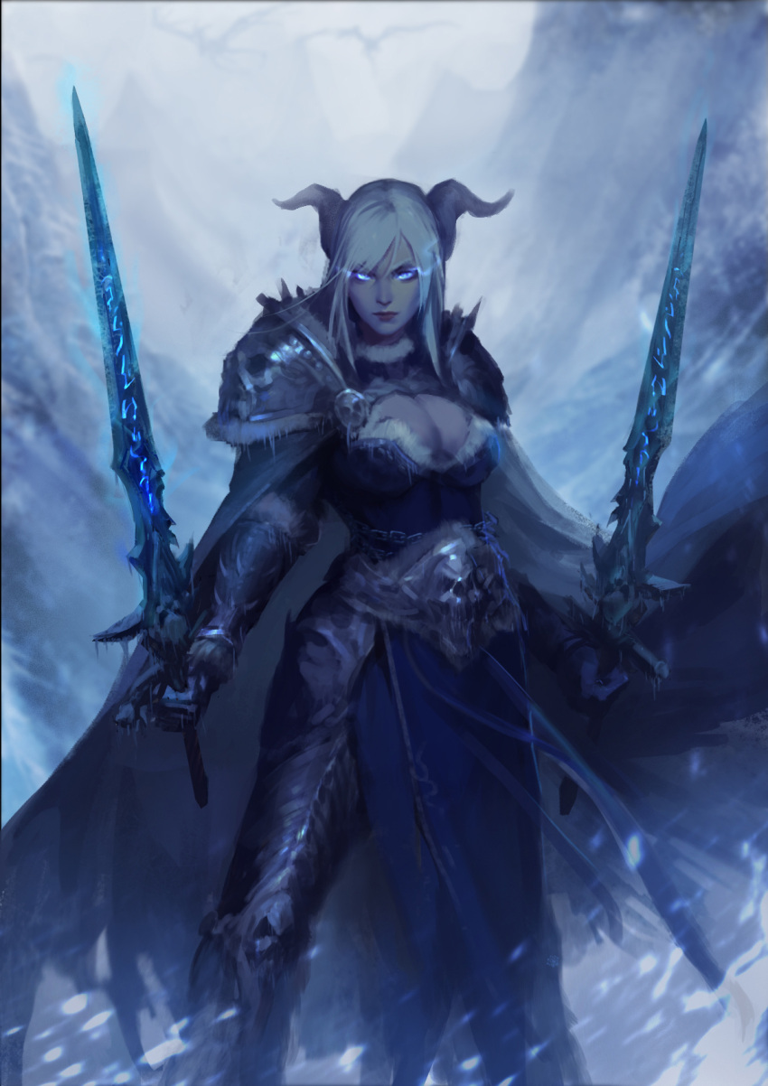 armor blue_eyes blue_gloves breasts cape chains cleavage death_knight_(warcraft) draenei dual_wielding female frostmourne gloves glowing glowing_eyes grey_cape highres holding holding_sword holding_weapon horns large_breasts long_hair looking_at_viewer outdoors pants player_character_(wow) shoulder_armor snowing solo swept_bangs sword warcraft weapon white_hair wolisu world_of_warcraft