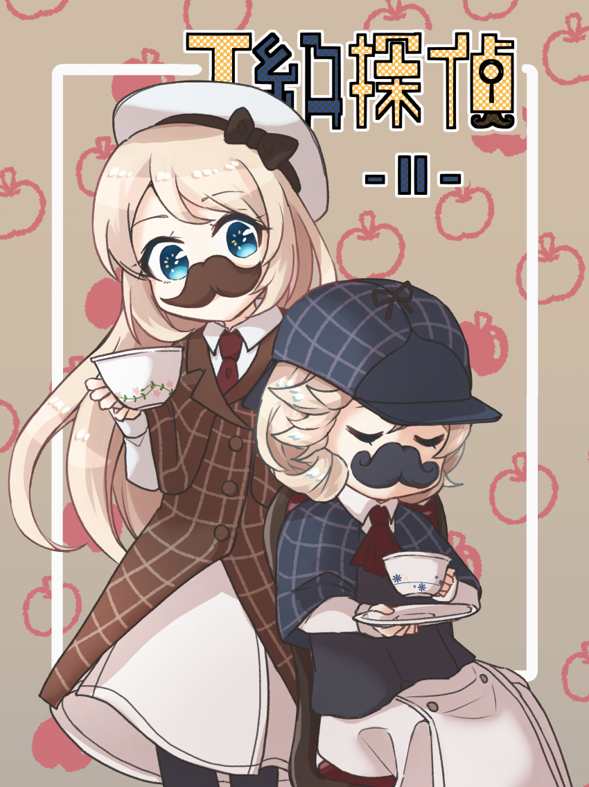 2girls absurdres ane_hoshimaru blonde_hair blue_eyes blue_headwear brown_headwear coat commentary_request cover cowboy_shot cup deerstalker detective dress fake_facial_hair fake_mustache hat highres janus_(kancolle) jervis_(kancolle) kantai_collection long_hair multiple_girls short_hair sitting standing teacup trench_coat white_dress