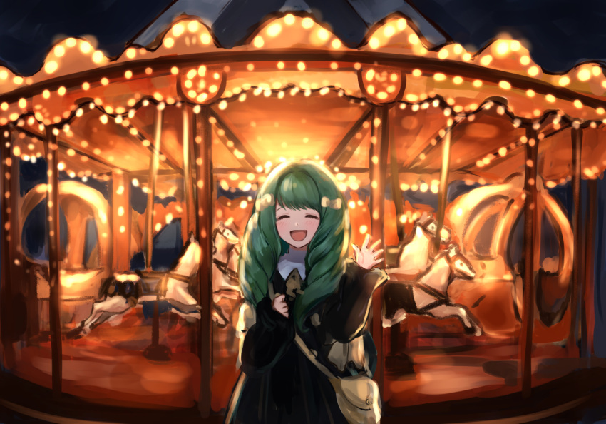 bag blush carousel closed_eyes commentary_request female fire_emblem fire_emblem:_three_houses flayn_(fire_emblem) garreg_mach_monastery_uniform green_hair highres horse long_hair mihitashi open_mouth solo waving