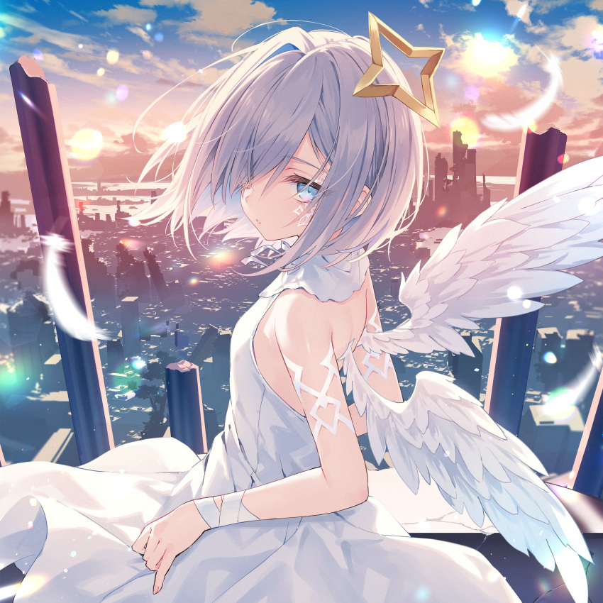 absurdres amane_kanata angel_wings backless_dress backless_outfit banned_artist bare_shoulders blue_eyes day dress expressionless facial_mark feathered_wings female from_behind hair_ornament hair_over_one_eye highres hololive looking_at_viewer looking_back outdoors rurudo short_hair sleeveless sleeveless_dress solo sunlight virtual_youtuber white_dress white_hair wings