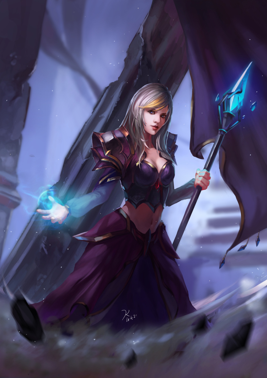 absurdres armor blonde_hair blue_eyes breasts cleavage female grey_hair grey_sleeves highres holding holding_staff human_(warcraft) jaina_proudmoore layered_skirt long_hair long_skirt long_sleeves magic medium_breasts midriff motion_blur multicolored_hair navel night_moon_starry_(artist) pauldrons purple_skirt red_lips shoulder_armor signature skirt solo staff standing stomach swept_bangs two-tone_hair warcraft world_of_warcraft