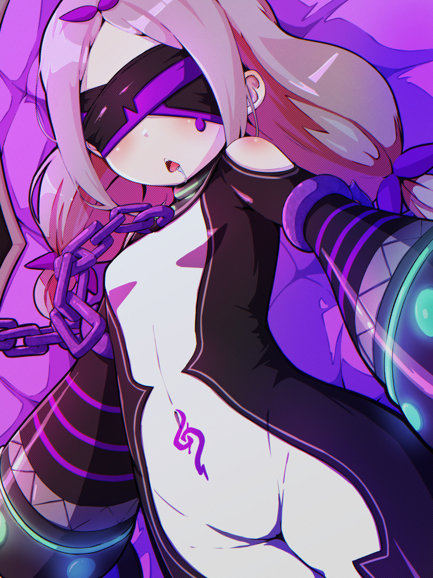 absurdres bare_shoulders black_blindfold black_bodysuit blindfold bodysuit bondage bondage bound chains clothing_cutout covered_eyes daphne_(re:zero) drooling female highres long_hair multicolored_bodysuit multicolored_clothes open_mouth psyto_qy2 purple_hair re:zero_kara_hajimeru_isekai_seikatsu shoulder_cutout solo twintails white_bodysuit