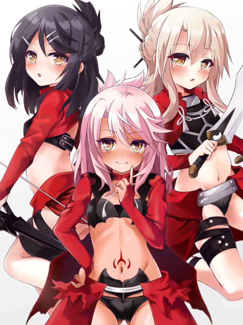 3girls armor black_hair black_panties blush bow_(weapon) breastplate breasts bridal_gauntlets cape chloe_von_einzbern chloe_von_einzbern_(cosplay) cosplay dark-skinned_female dark_skin fate/kaleid_liner_prisma_illya fate_(series) hair_between_eyes hair_bun hair_ornament hairclip hairpin half_updo highres illyasviel_von_einzbern kanshou_&_bakuya_(fate) long_hair long_sleeves looking_at_viewer miyu_edelfelt mochi_(k620803n) multiple_girls navel open_mouth orange_eyes panties pink_hair red_cape red_eyes showgirl_skirt shrug_(clothing) sidelocks small_breasts smile stomach_tattoo sword tattoo thighs underwear waist_cape weapon white_hair