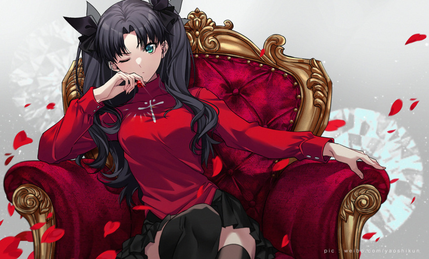 armchair black_hair black_ribbon black_skirt chair fate/stay_night fate_(series) female green_eyes hair_ribbon long_hair one_eye_closed petals red_sweater ribbon sitting skirt solo sweater tohsaka_rin twintails yaoshi_jun