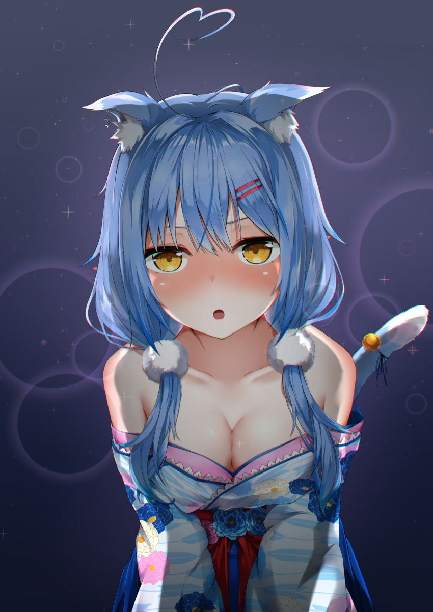 :o absurdres ahoge animal_ear_fluff animal_ears bare_shoulders bell blue_hair blush breasts cat_ears cat_tail cleavage collarbone colored_tips drunk elf female hair_between_eyes hair_ornament heart heart_ahoge highres hololive japanese_clothes jingle_bell kimono large_breasts long_hair looking_at_viewer multicolored_hair official_alternate_hairstyle open_mouth pointy_ears solo sorbitol tail twintails virtual_youtuber white_headwear yellow_eyes yukata yukihana_lamy yukihana_lamy_(new_year)