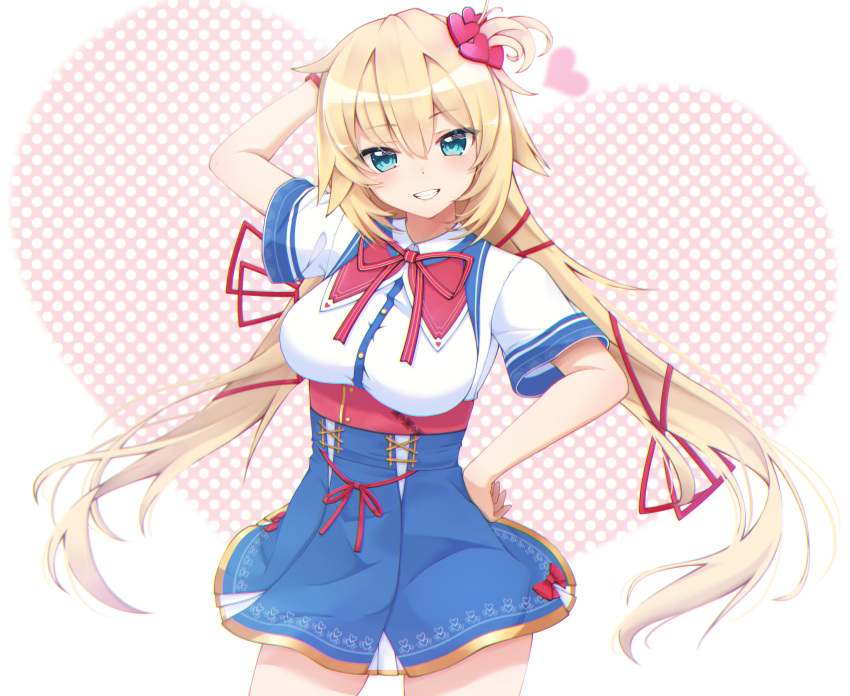 absurdres akai_haato akai_haato_(1st_costume) aqua_eyes arm_behind_head arm_up blonde_hair blue_skirt blush breasts collared_shirt cowboy_shot female hair_ornament hair_ribbon hand_on_own_hip heart heart_hair_ornament high-waist_skirt highres hololive large_breasts long_hair miniskirt mira_bluesky3 neck_ribbon one_side_up ribbon shirt skirt smile solo twintails virtual_youtuber white_shirt