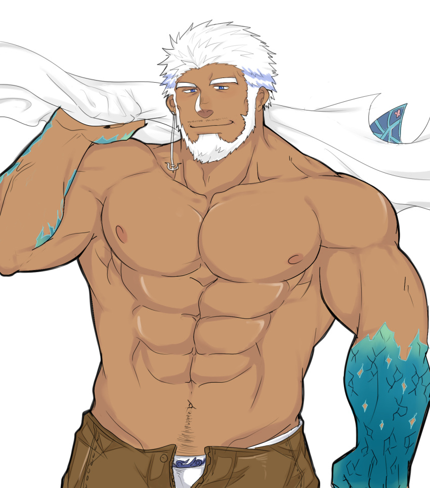 1boy abs aegir_(housamo) anchor_earrings aqua_hair bara beard blue_eyes dark-skinned_male dark_skin earrings facial_hair fins fish_boy highres holding holding_clothes holding_shirt jewelry large_pectorals male_focus male_underwear mature_male multicolored_hair muscular muscular_male navel navel_hair nipples open_clothes open_shorts pectorals shirt short_hair shorts single_earring solo stomach streaked_hair tokyo_afterschool_summoners topless_male underwear white_hair white_male_underwear xiaojishangtian