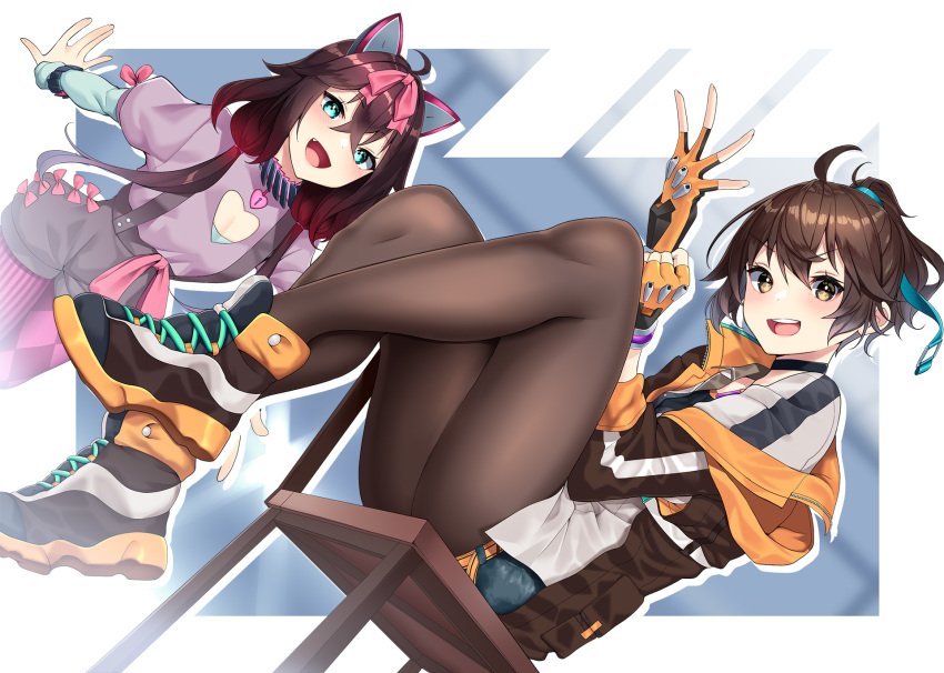 2girls adjusting_clothes adjusting_gloves animal_ear_hairband animal_ears black_legwear blonde_hair brown_hair cat_ear_hairband cat_ears chair cleavage_cutout clothing_cutout collar dusk_diver fake_animal_ears fang_out fingerless_gloves gloves green_eyes hairband highres jacket multiple_girls nebusoku nemea oerba_yun_fang official_art open_mouth pantyhose ponytail purple_hair shoes short_hair shorts yang_yumo