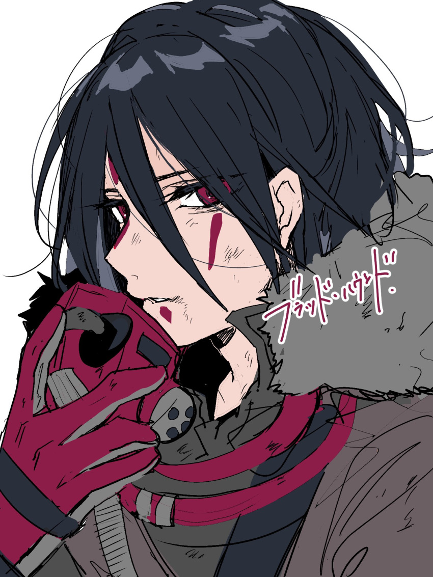 1other androgynous animification apex_legends bad_id bad_twitter_id black_hair bloodhound_(apex_legends) character_name facepaint fur_trim grey_jacket hair_behind_ear hair_between_eyes highres holding holding_mask jacket looking_at_viewer mask other_focus parted_lips portrait rebreather red_eyes shirasu_uni solo white_background