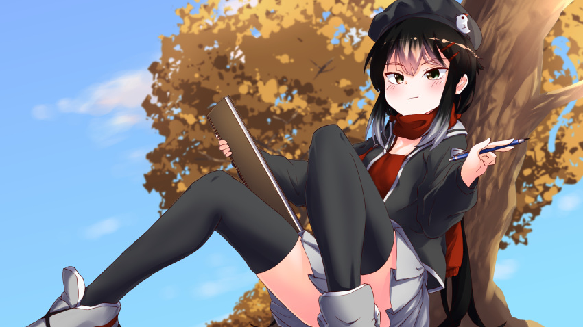 autumn_leaves beret black_hair black_hat black_jacket black_thighhighs blue_sky blush closed_mouth commentary cookie_(touhou) day female full_body gradient_hair grey_footwear grey_hair grey_skirt hat highres holding holding_paper holding_pen jacket kurotsuki_hiiragi long_hair looking_at_viewer multicolored_hair outdoors paper pen pleated_skirt red_scarf red_shirt scarf shirt shoes sitting skirt sky sneakers solo the_chicken_that_appears_in_the_middle_of_cookie thighhighs tree very_long_hair yuyusu_(cookie)