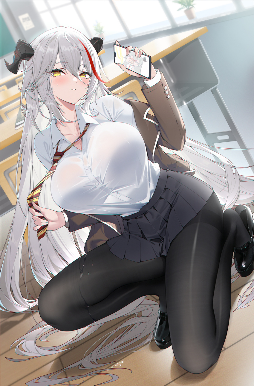 absurdres aegir_(azur_lane) alternate_costume ayanami_barrage_(meme) azur_lane black_pantyhose black_skirt blush breasts calder collared_shirt dress_shirt female highres holding holding_phone horns large_breasts long_hair long_sleeves looking_at_viewer meme multicolored_hair pantyhose phone pleated_skirt shirt skirt solo streaked_hair taut_clothes taut_shirt thighband_pantyhose very_long_hair white_hair white_shirt yellow_eyes