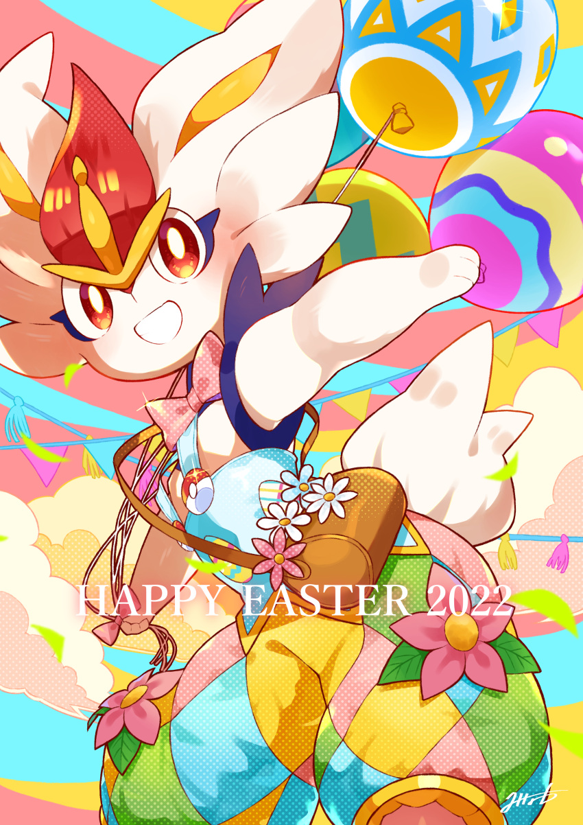 1other 2022 absurdres bag balloon bright_pupils brown_bag cinderace clothed_pokemon commentary_request flower grin happy_easter highres looking_at_viewer minamo_(pixiv17726065) overalls pokemon pokemon_(creature) red_eyes shoulder_bag smile solo white_flower white_fur white_pupils