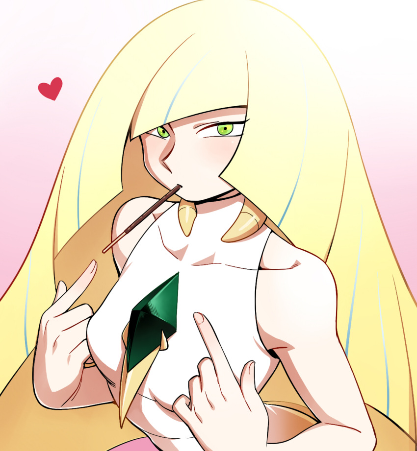 bare_arms blonde_hair blush breasts collarbone commentary dress female fingernails food gem green_eyes hands_up heart highres index_fingers_raised long_hair looking_at_viewer lusamine_(pokemon) mouth_hold multicolored_hair nutkingcall pocky pokemon pokemon_sm sleeveless sleeveless_dress small_breasts solo streaked_hair upper_body