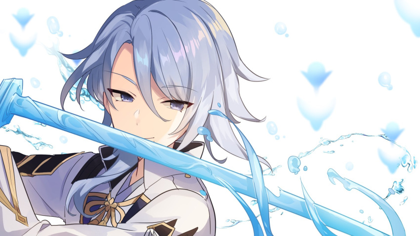 1boy blue_hair closed_mouth commentary genshin_impact hair_between_eyes highres holding holding_sword holding_weapon japanese_clothes kamisato_ayato katana male_focus mole mole_under_mouth oil-paper_umbrella purple_eyes shirase_(shirose) simple_background solo sword sword_in_front_of_face umbrella upper_body water water_drop weapon white_background