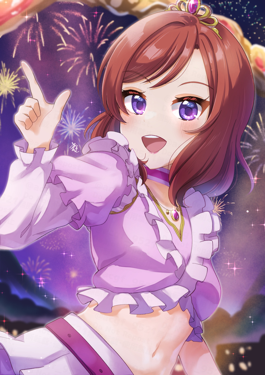 absurdres birthday blush breasts commentary female finger_gun fireworks highres jewelry kyaku_tasu looking_at_viewer love_live! love_live!_school_idol_project medium_hair midriff music_s.t.a.r.t!! navel necklace nishikino_maki purple_eyes red_hair signature small_breasts smile solo sparkle swept_bangs tiara upper_body