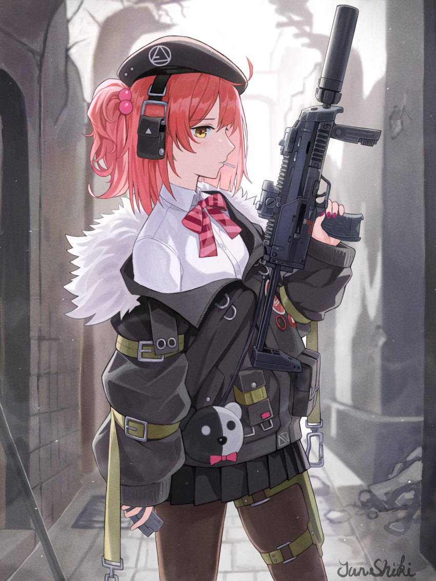 beret black_hat black_jacket black_pantyhose black_skirt bow bowtie candy collared_shirt commentary_request commission female food food_in_mouth girls'_frontline gun h&k_mp7 hat heckler_&_koch highres holding holding_gun holding_weapon jacket junshiki lollipop long_sleeves magazine_(weapon) miniskirt mp7_(girls'_frontline) orange_eyes pantyhose pleated_skirt ponytail red_bow red_bowtie red_hair shirt skeb_commission skirt solo standing submachine_gun suppressor trigger_discipline weapon white_shirt