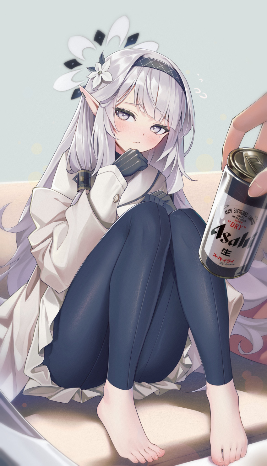 1other absurdres alcohol barefoot beer blue_archive blush feet female flower gloves hair_flower hair_ornament hairband halo highres himari_(blue_archive) knees_together_feet_apart knees_up legs long_hair looking_at_viewer mole mole_under_eye muo_(muojjang_0929) pointy_ears purple_eyes sitting toenails toes white_hair