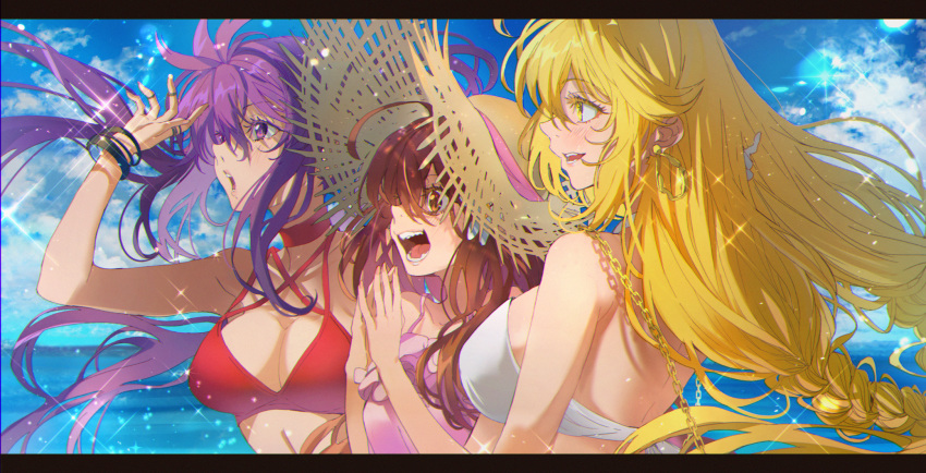 3girls bikini blonde_hair blue_sky bracelet breasts brown_eyes brown_hair cleavage cloud day dolly_(toaru_kagaku_no_railgun) earrings from_side hat highres jewelry kagura_kurosaki kouzaku_mitori letterboxed long_hair multiple_girls open_mouth outdoors purple_hair red_bikini shokuhou_misaki sky straw_hat swimsuit toaru_kagaku_no_railgun toaru_kagaku_no_railgun_t toaru_majutsu_no_index upper_body water yellow_eyes