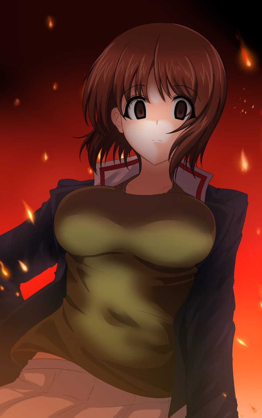 absurdres aikir_(jml5160) blue_jacket breasts brown_eyes brown_hair closed_mouth commentary cowboy_shot empty_eyes female fire frown girls_und_panzer green_shirt hand_on_own_hip highres jacket large_breasts long_sleeves looking_at_viewer military military_uniform nishizumi_miho ooarai_military_uniform pleated_skirt shirt short_hair skirt solo standing uniform white_skirt