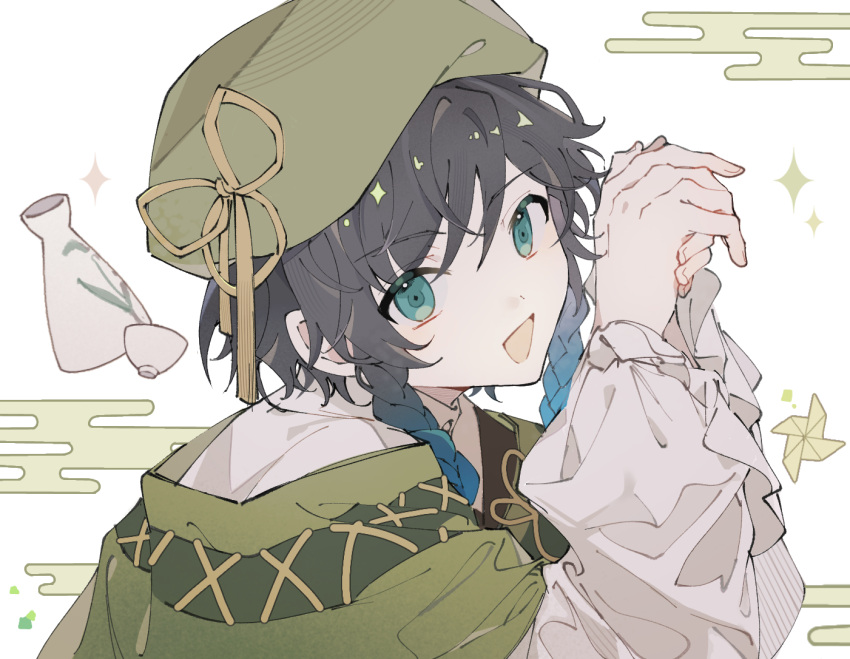 1boy beret black_hair blue_eyes blue_hair braid cape cup genshin_impact gradient_hair green_cape green_hat hair_between_eyes hat long_sleeves looking_at_viewer male_focus multicolored_hair official_alternate_costume open_mouth own_hands_together shirt simple_background solo sparkle suikou_(genshin_impact) twin_braids upper_body venti_(genshin_impact) white_shirt yue_(shemika98425261)