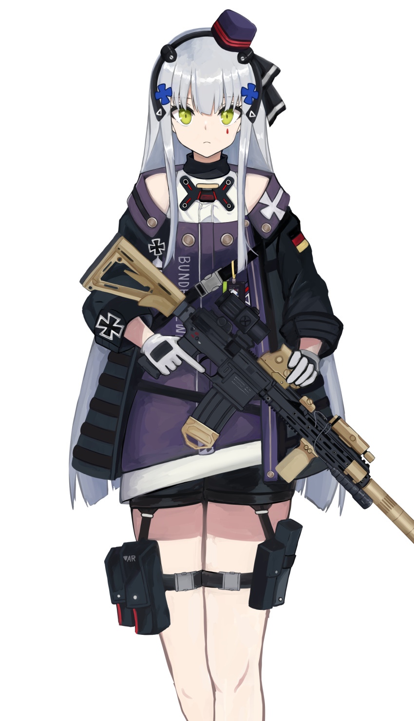 assault_rifle black_ribbon blue_dress blue_headwear blunt_bangs closed_mouth commentary cross dress female frown german_flag girls'_frontline gloves green_eyes grey_gloves grey_hair gun h&k_hk416 hair_ribbon highres hk416_(girls'_frontline) hk416_(mod3)_(girls'_frontline) holding holding_gun holding_weapon iron_cross koenza_botoke long_hair long_sleeves looking_at_viewer name_connection pillbox_hat pouch ribbon rifle short_dress simple_background solo standing teardrop_facial_mark thigh_pouch trigger_discipline weapon white_background