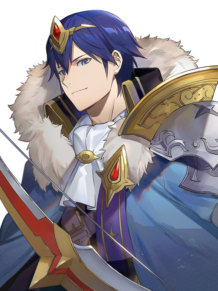 1boy armor ascot blue_eyes blue_hair bow_(weapon) chrom_(crowned_exalt)_(fire_emblem) chrom_(fire_emblem) circlet collared_shirt commentary_request fire_emblem fire_emblem_awakening fire_emblem_heroes fur_collar highres kyufe male_focus pauldrons shirt shoulder_armor solo weapon