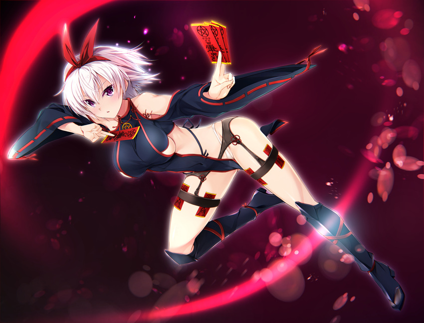 black_legwear bow bow_hairband breasts clothing_cutout covered_navel female full_body game_cg garter_belt hair_between_eyes hairband hairbow katsuragi_kuon large_breasts long_sleeves medium_hair nightmare_x_onmyoji noba_(veronicanoha) official_art panties parted_lips purple_eyes red_background red_bow red_hairband red_ribbon ribbon ribbon-trimmed_sleeves ribbon_trim shoulder_cutout sideboob solo thigh_strap underwear white_hair white_panties wide_sleeves