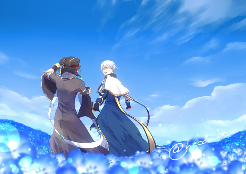 2boys arch_bishop_(ragnarok_online) bad_id bad_pixiv_id black_gloves black_headwear blue_coat blue_eyes blue_flower blue_sky capelet cloud coat commentary_request day eyepatch feet_out_of_frame field fingerless_gloves flower flower_field from_behind gloves grey_coat hair_between_eyes hand_on_own_head long_sleeves looking_at_another male_focus medical_eyepatch mit_(necomit) multiple_boys nemophila_(flower) open_mouth outdoors pants ragnarok_online red_hair short_hair signature sky smile warlock_(ragnarok_online) white_capelet white_hair white_pants