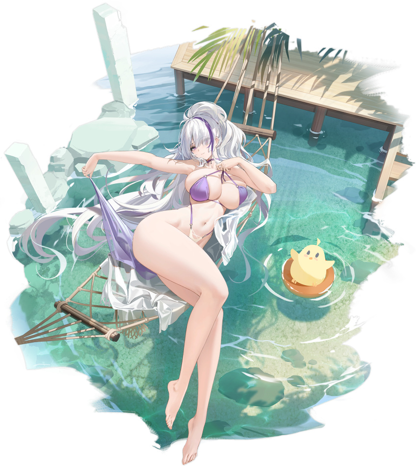 azur_lane bikini breasts day female full_body highres huge_breasts kincora long_hair looking_at_viewer manjuu_(azur_lane) multicolored_hair navel official_alternate_costume official_art outdoors palm_tree pulling_own_clothes purple_bikini purple_eyes purple_hair skindentation solo strap_pull streaked_hair summer swimsuit tree two-tone_hair unzen_(azur_lane) unzen_(sojourn_through_clear_seas)_(azur_lane) very_long_hair water white_hair