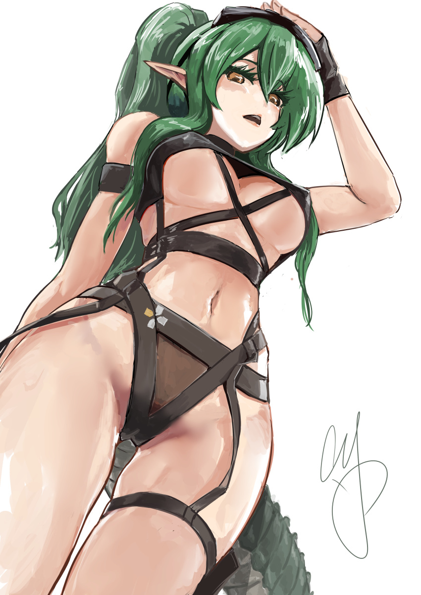 absurdres arknights bare_shoulders bikini black_gloves breasts brown_eyes chinese_commentary covered_nipples cyk_(cyk451) female gavial_(arknights) gloves green_hair highres large_breasts long_hair navel official_alternate_costume open_mouth pointy_ears ponytail simple_background solo swimsuit tail underboob