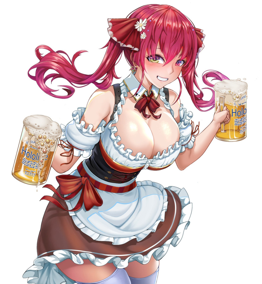 alcohol alternate_costume apron bare_shoulders barmaid beer beer_mug blouse blush bodice breasts cleavage cowboy_shot cup detached_collar dirndl dress earrings female flower from_side german_clothes grin hair_flower hair_ornament hasaya heterochromia highres hololive houshou_marine jewelry large_breasts leaning_forward long_hair looking_at_viewer low_neckline mug neck_ribbon pinafore_dress red_eyes red_hair ribbon shirt sideways_glance simple_background sleeveless sleeveless_dress smile solo thighhighs twintails underbust virtual_youtuber waist_apron white_background white_thighhighs yellow_eyes zettai_ryouiki