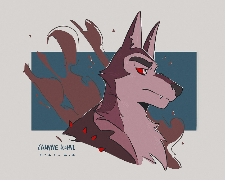 2021 5:4 bust_portrait canid canid_demon canine canis canyne_khai clothing demon fur hellhound helluva_boss male mammal portrait red_body red_eyes red_fur scar serious_face simple_background solo vortex_(vivzmind) wolf