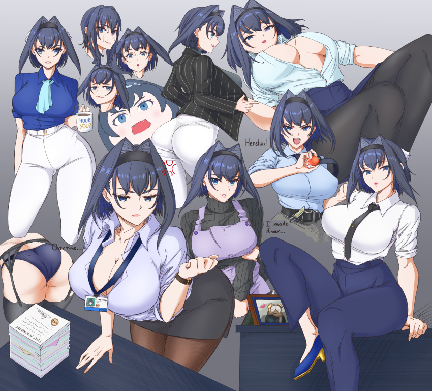 absurdres alternate_costume apron arm_support arm_under_breasts ass belt black_necktie black_skirt black_sweater black_thighhighs blue_eyes blue_footwear blue_hair blue_neckwear blue_panties blue_pants blue_shirt breasts closed_mouth collared_shirt commentary_request drawing_(object) fangs female garter_straps gradient_background hairband high_heels highres hololive hololive_english id_card kamen_rider kamen_rider_gaim_(series) lanyard large_breasts leaning_forward medium_hair miniskirt multiple_views necktie office_lady open_mouth ouro_kronii panties pants pantyhose paper_stack partially_unbuttoned pinstripe_pattern purple_apron shirt sitting skirt sleeves_rolled_up striped sweater table tadpolejackson thighhighs turtleneck turtleneck_sweater underwear virtual_youtuber white_pants