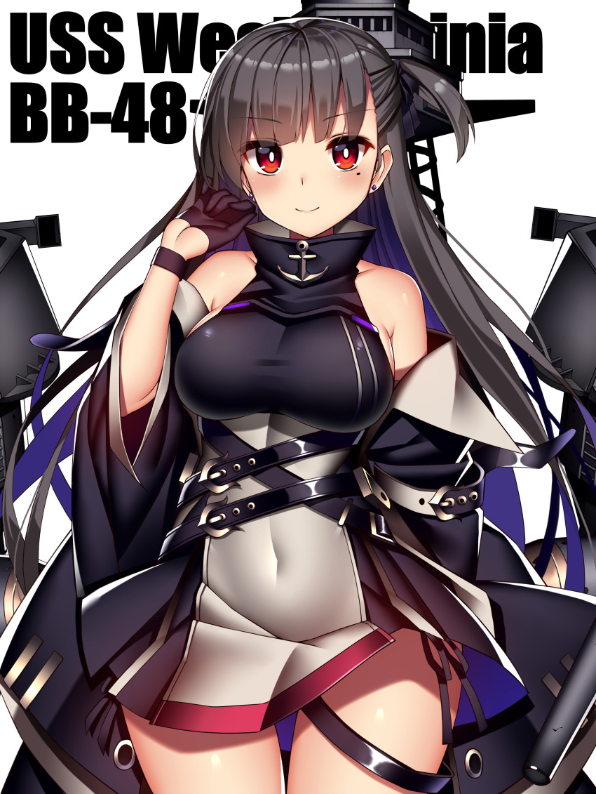 18bit absurdres anchor_symbol azur_lane bare_shoulders black_dress black_gloves black_hair breasts cannon character_name coat commentary cowboy_shot detached_sleeves dress earrings female gloves hair_between_eyes half_gloves high_collar highres jewelry large_breasts long_hair machinery mast mole mole_under_eye off_shoulder red_eyes rigging smokestack solo standing thighs turret very_long_hair west_virginia_(azur_lane) wide_sleeves