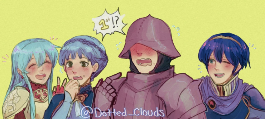 2boys 2girls aqua_hair armor blue_hair blush commentary dotted_clouds eirika_(fire_emblem) english_commentary fire_emblem fire_emblem:_mystery_of_the_emblem fire_emblem:_shadow_dragon_and_the_blade_of_light fire_emblem:_the_sacred_stones fire_emblem:_three_houses fire_emblem_heroes full_armor gatekeeper_(fire_emblem) helm helmet highres long_hair marianne_von_edmund marth_(fire_emblem) multiple_boys multiple_girls nose_blush pointing pointing_at_self short_hair twitter_username upper_body yellow_background