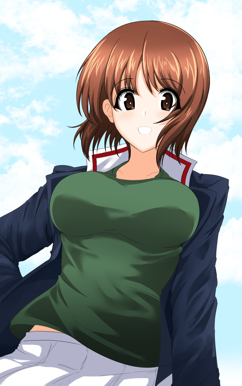 absurdres aikir_(jml5160) blue_jacket blue_sky breasts brown_eyes brown_hair cloud cloudy_sky commentary cowboy_shot female girls_und_panzer green_shirt grin hand_on_own_hip highres jacket large_breasts long_sleeves looking_at_viewer military military_uniform nishizumi_miho ooarai_military_uniform pleated_skirt shirt short_hair skirt sky smile solo standing uniform white_skirt