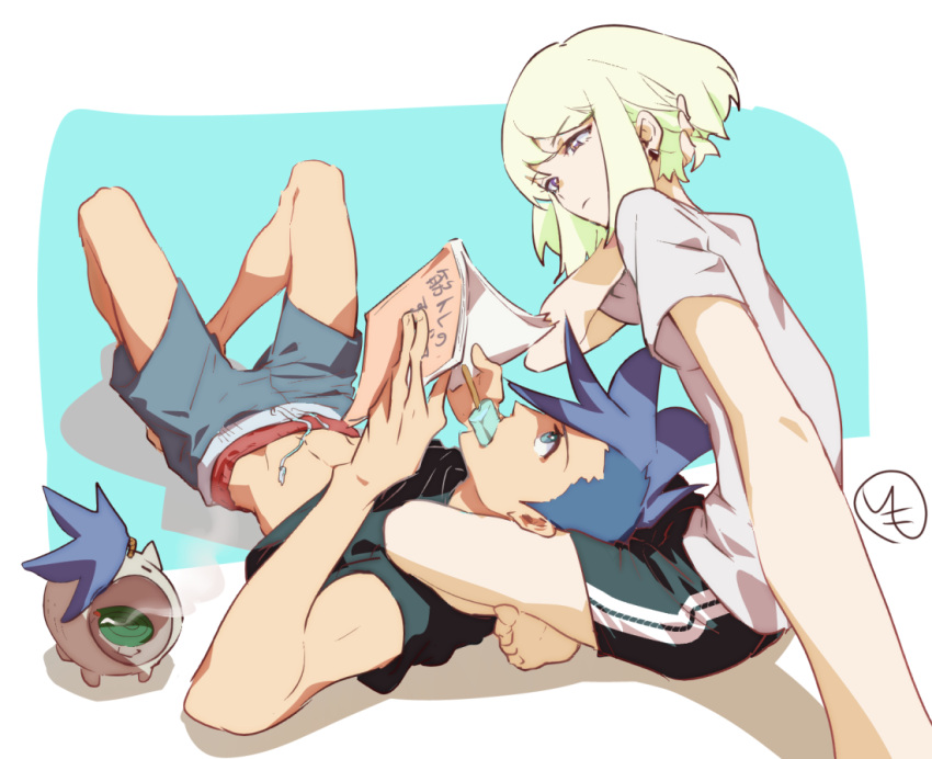 2boys 830_(hamio) abs adjusting_hair androgynous asymmetrical_hair barefoot black_shirt blue_background blue_eyes blue_hair border earrings eating food food_in_mouth foreshortening galo_thymos green_hair jewelry lio_fotia lying male_focus mohawk multiple_boys on_back on_lap popsicle promare reading shirt short_hair shorts sidecut single_earring smoke soles spiked_hair toes undercut white_border white_shirt yaoi