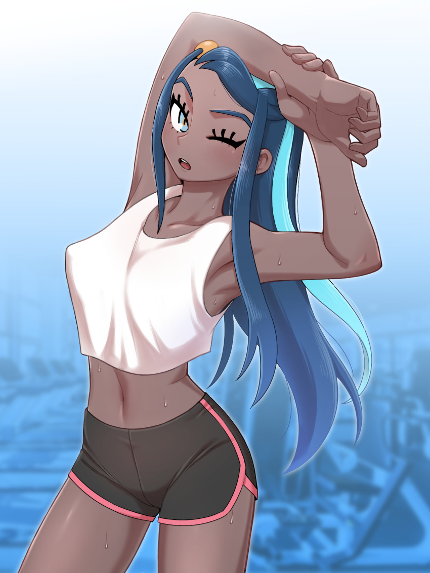 alternate_costume armpits bare_arms blush breasts collarbone commentary covered_nipples crop_top dark-skinned_female dark_skin eyelashes female hand_on_own_wrist highres long_hair looking_at_viewer midriff multicolored_hair navel nessa_(pokemon) nutkingcall one_eye_closed open_mouth pokemon pokemon_swsh short_shorts shorts solo stretching sweat tank_top teeth tongue two-tone_hair