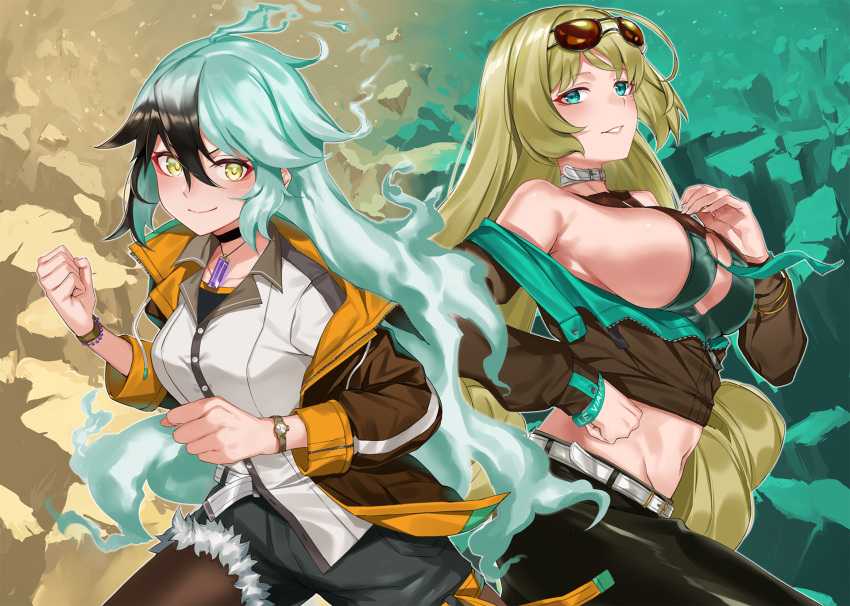 2girls belt_collar blonde_hair breasts collar dusk_diver eyewear_on_head fur_trim gradient_hair green_eyes green_hair hachiroku_(hatirokusann86) hand_on_own_hip highres jacket jewelry le_viada long_hair multicolored_hair multiple_girls navel necklace official_art shorts sideboob watch wristwatch yang_yumo yellow_eyes