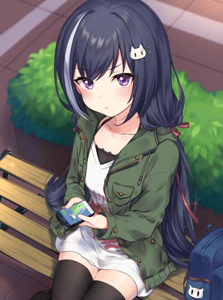 backpack bag bench black_hair black_thighhighs blurry blurry_background blush cat_hair_ornament cellphone closed_mouth clothes_writing collarbone commentary_request day depth_of_field drawstring english_text female green_jacket grey_hair hair_ornament hair_ribbon hairclip highres holding holding_phone jacket karyl_(princess_connect!) karyl_(real)_(princess_connect!) ken_pyatsu long_hair long_shirt long_sleeves looking_at_viewer multicolored_hair on_bench open_clothes open_jacket outdoors phone princess_connect! purple_eyes red_ribbon ribbon shirt sitting solo streaked_hair thighhighs very_long_hair white_shirt zettai_ryouiki