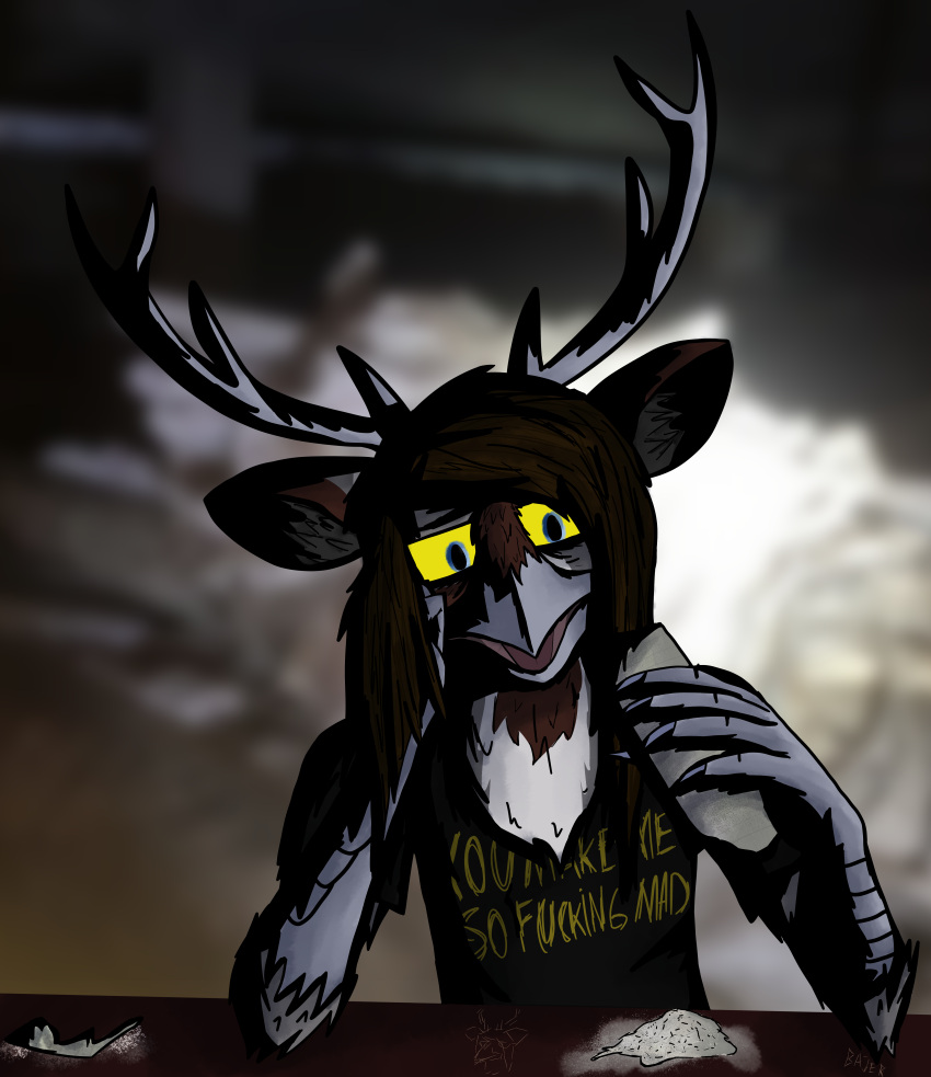 absurd_res anthro antlers artamid avian bajer_(jurij_bajer) beak bird clothed clothing corvid cracticinae currawong deer eating eurasian_magpie grey_body hair hi_res holarctic_magpie horn hybrid jurij_bajer magpie_(corvid) male mammal open_beak open_mouth oscine passerine solo yellow_sclera