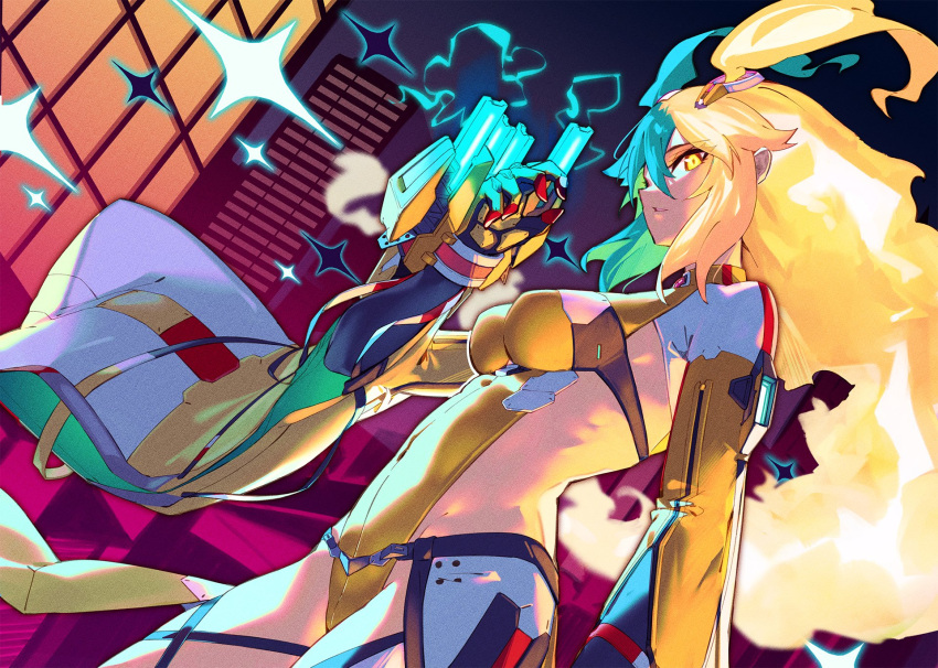 aqua_hair bibisuka blonde_hair breasts building cityscape covered_navel dusk_diver dutch_angle female from_side glowing glowing_eye highres leotard long_hair long_sleeves looking_to_the_side medium_breasts multicolored_hair night night_sky official_art parted_lips ribs sky standing yang_yumo yellow_eyes