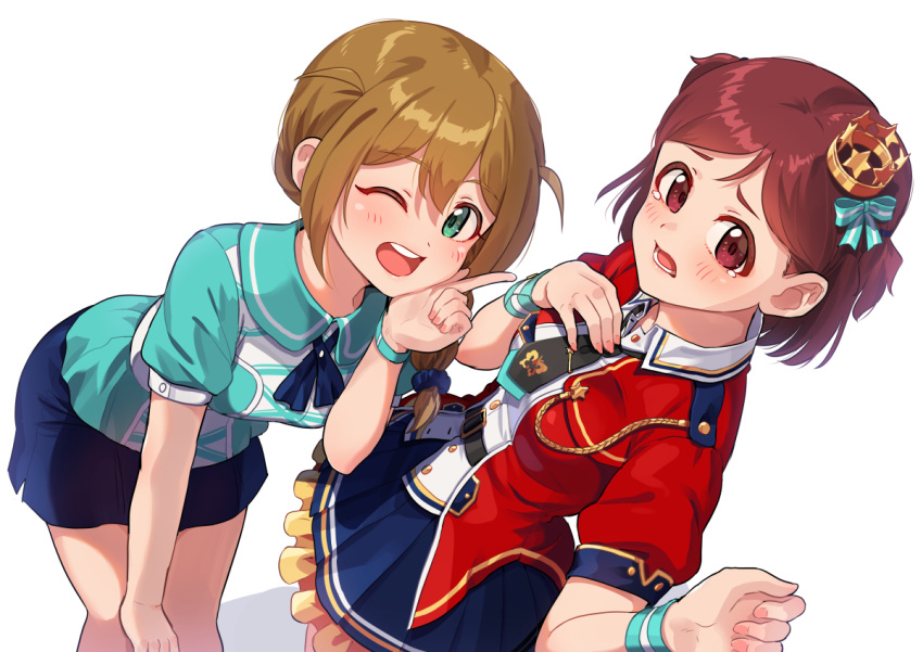 2girls aoba_misaki aqua_eyes baba_konomi braid brown_eyes brown_hair crown idolmaster idolmaster_million_live! idolmaster_million_live!_theater_days kamille_(vcx68) long_hair looking_at_viewer mini_crown multiple_girls one_eye_closed open_mouth shiny_trinity_(idolmaster) short_hair simple_background single_braid smile tears two_side_up white_background