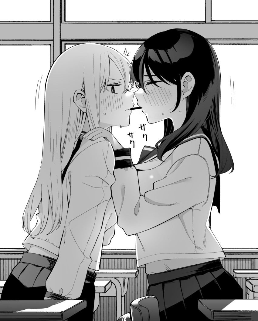 2girls ^^^ blush breasts byte_(allbyte) closed_eyes commentary_request desk food greyscale hand_on_another's_shoulder highres indoors large_breasts long_hair looking_away monochrome mouth_hold multiple_girls original partial_commentary pleated_skirt pocky pocky_kiss school_desk school_uniform serafuku sidelocks sitting skirt sweat window yuri